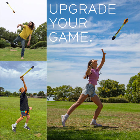 People playing with a Bad Rap Travelin Javelin in a park, with text 'Upgrade Your Game' on a blue sky background.