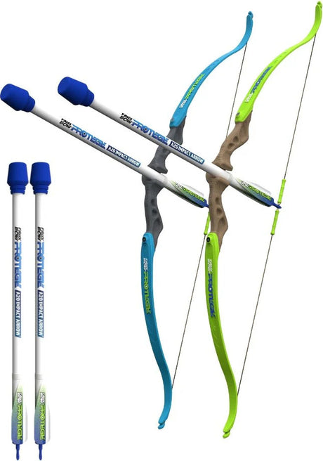 Two Faux Bow Proteges with blue and green limbs on a white background