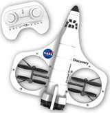Space Shuttle Discovery with NASA logo and remote control on a white background