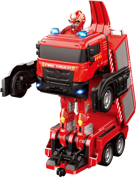 Red toy fire truck Blazin' Moto 2 that transforms into a robot on a white background