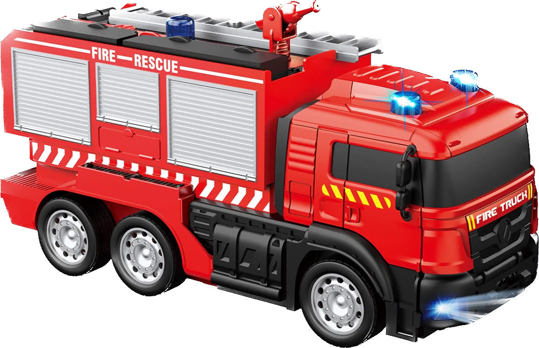 Red toy fire truck Blazin' Moto 2 with emergency lights on a white background