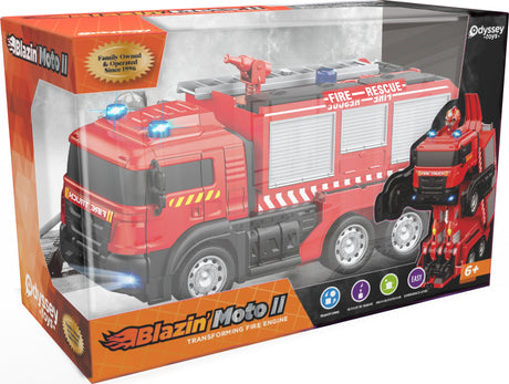 Toy fire engine in packaging with 'Blazin Moto II' branding