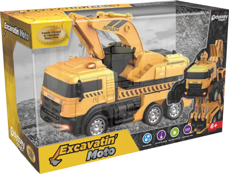 Toy excavator in packaging with 'Excavatin' Moto' branding
