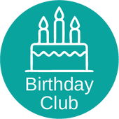 Teal circle logo with illustration of birthday cake for Birthday Club program.
