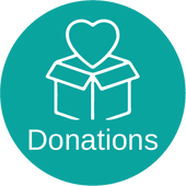 Teal circle logo with illustration of box with heart for donations program.