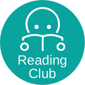 Teal circle logo with illustration of child reading books for reading club program.