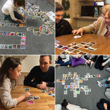 Collage of people playing OuiSi Original game with various cards on a table and floor.
