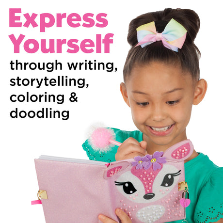 Girl holding a pink diary with a deer design, surrounded by text about expressing oneself through writing and coloring.