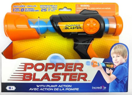 Popper Blaster toy gun packaging with a child holding the gun on a white background
