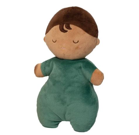 Baby Fox Hug Plush toy of a child in a green outfit on a white background