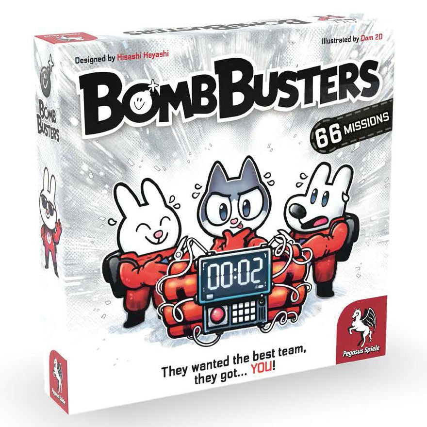 Board game box for 'Bomb Busters' with cartoon characters and timer graphic.