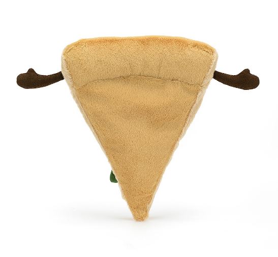 Bottom view of a plush Amuseables Slice of Pizza with brown legs on a white background