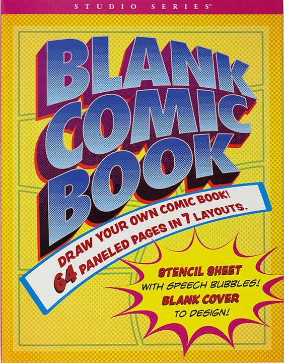 Blank comic book cover with colorful text on a yellow background