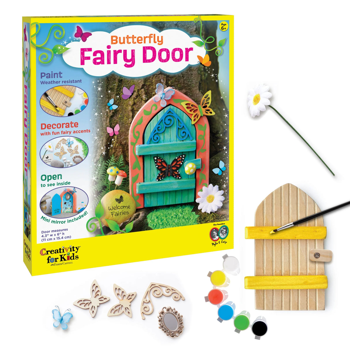 Butterfly Fairy Door kit with packaging, door, paint, and accessories on a white background