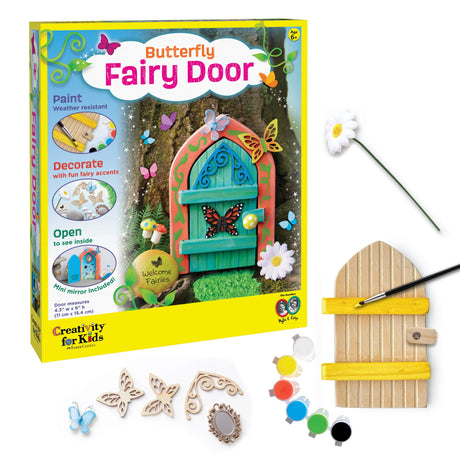 Butterfly Fairy Door kit with packaging, door, paint, and accessories on a white background