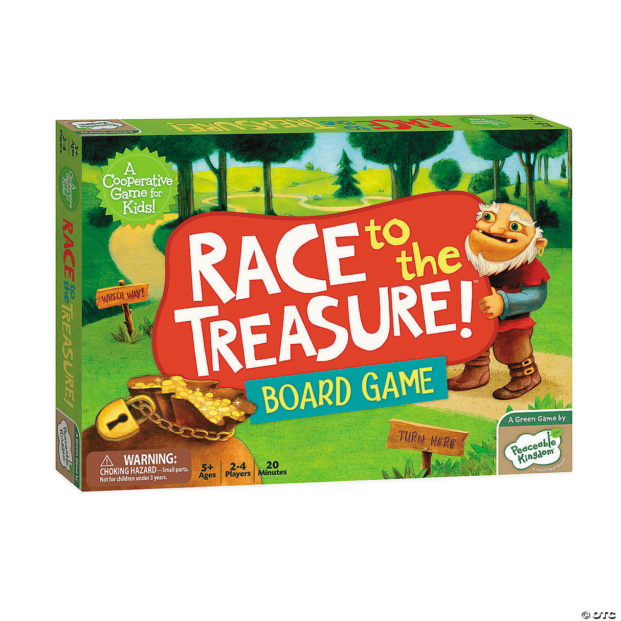 Board game box for 'Race to the Treasure!' with a cartoon gnome and treasure chest illustration on a green background.