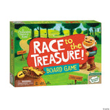 Board game box for 'Race to the Treasure!' with a cartoon gnome and treasure chest illustration on a green background.