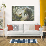 Living room with a white sofa, decorative pillows, and a Jigsaw Puzzle The Forest Dragon awakes - 3000 Pieces Puzzle on the wall.
