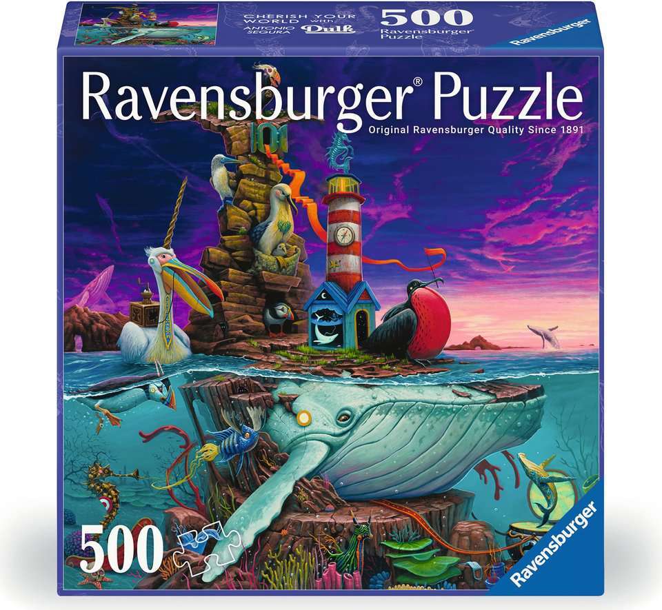 Ravensburger Dulk Archipelago 500 Pc Puzzle box with a colorful underwater scene featuring a whale, mermaid, and lighthouse.