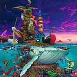 Colorful Dulk Archipelago 500 Pc Puzzle with underwater scene with a whale, lighthouse, and various sea creatures against a vibrant sky.