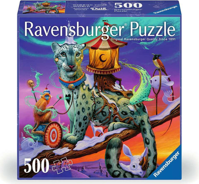 Ravensburger Dulk Boreal 500 Pc Puzzle box with a colorful fantasy design featuring a leopards-like creature.