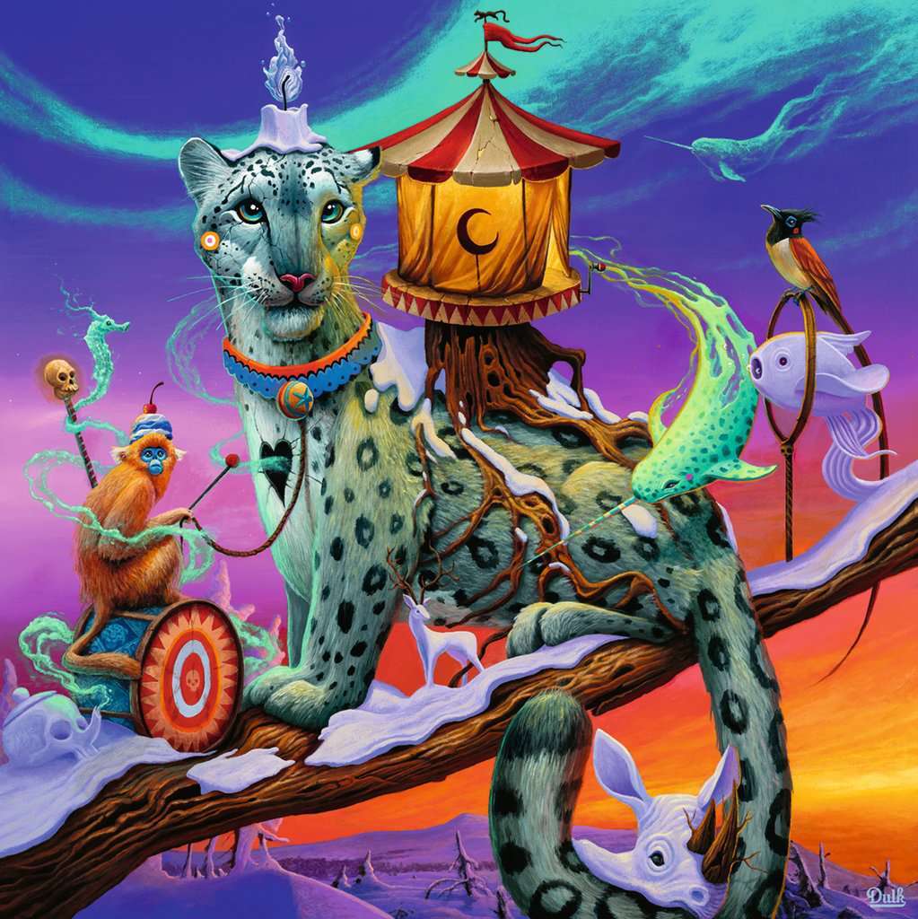 Colorful Dulk Boreal 500 Pc Puzzle fantasy scene with a leopard-like creature, birdhouse, and various mystical elements against a vibrant sky.