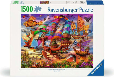 Ravensburger The Flight 1500 Pc Puzzle box with colorful flying ship  on a white background