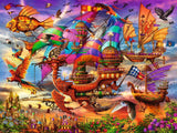 Colorful The Flight 1500 Pc Puzzle fantasy scene with flying ships and birds against a vibrant sky.