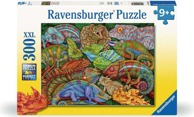 Ravensburger Riveting Reptiles 300 Pc Puzzle box with colorful chameleon illustration on a white background