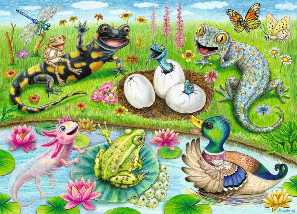 Colorful Hello Hatchlings 60 Pc Puzzle illustration of various animals around a pond with flowers and butterflies.