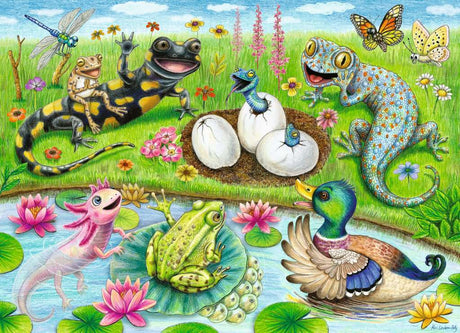 Colorful Hello Hatchlings 60 Pc Puzzle illustration of various animals around a pond with flowers and butterflies.