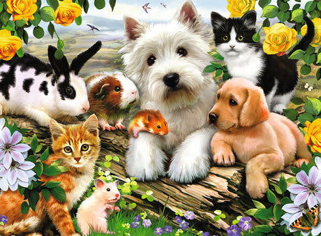Happy Animal Buddies 300 pc  art with a group of pets including dogs, cats, and rabbits surrounded by flowers and leaves.