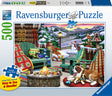 Ravensburger Cozy Series: Apres All Day (500 pc Large Format Puzzle) box with a winter scene featuring a fire pit, chairs, and a dog.