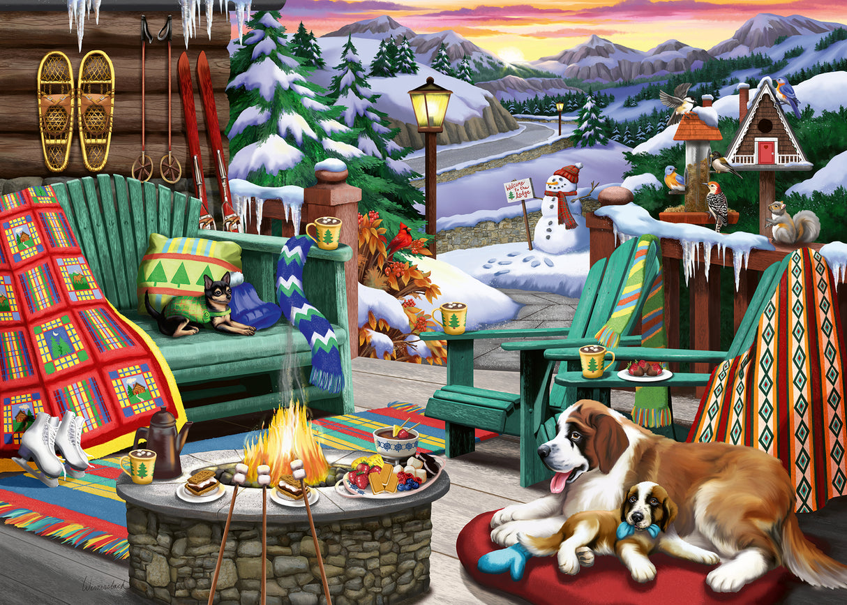 Cozy Series: Apres All Day (500 pc Large Format Puzzle) with a winter scene with a cozy cabin deck, fire pit, and dogs by a fireplace.