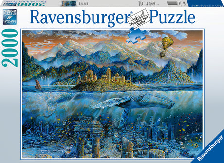 Ravensburger Wisdom Whale (2000 pc Puzzle) packaging with a fantasy landscape design featuring mountains, a castle, and a whale.