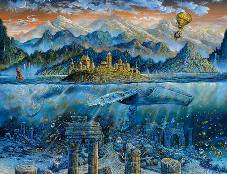 Wisdom Whale (2000 pc Puzzle) featuring a fantasy landscape with mountain, island, whale, and underwater city.