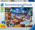 Ravensburger Northern Lights 500 pc large format puzzle packaging with a winter scene featuring a fire pit, hot tub, and northern lights.