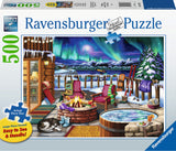 Ravensburger Northern Lights 500 pc large format puzzle packaging with a winter scene featuring a fire pit, hot tub, and northern lights.