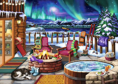 Northern Lights 500 pc large format puzzle with a winter scene with a fire pit, hot tub, and deck furniture under the Northern Lights.