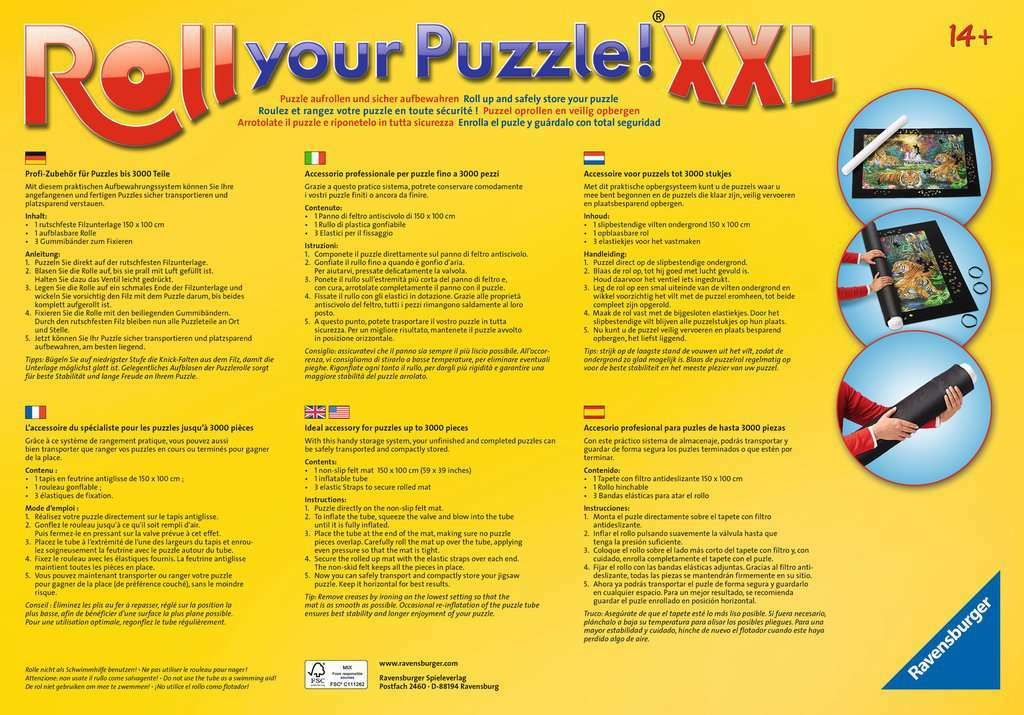 Roll your Puzzle! XXL packaging with text and images of puzzle pieces on a yellow background
