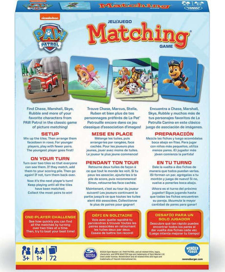 Paw Patrol matching game box with colorful graphics and text