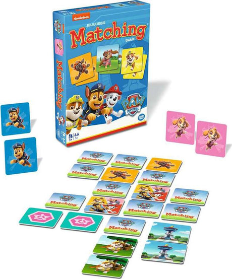 Paw Patrol matching game with colorful cards and packaging on a white background