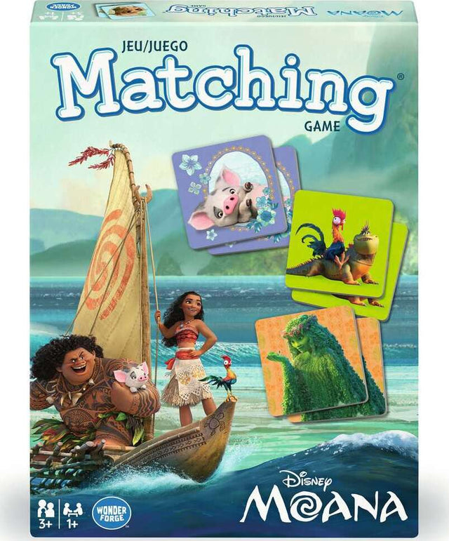 Disney Moana matching game box with characters and cards on a blue ocean background