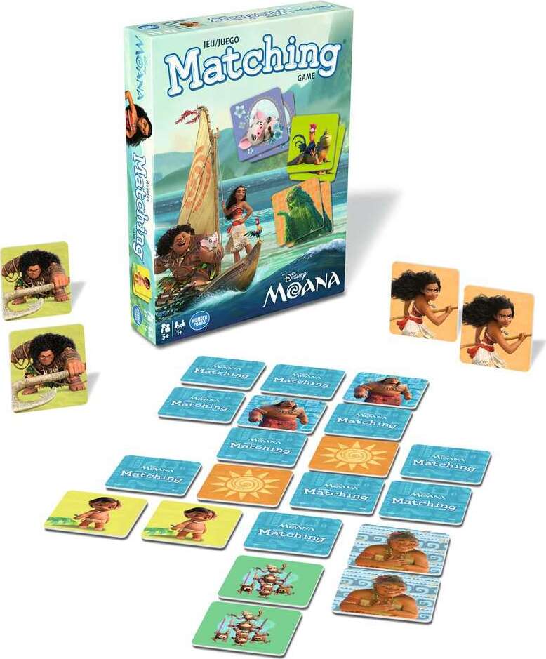 Disney Moana matching game with cards and packaging on a white background
