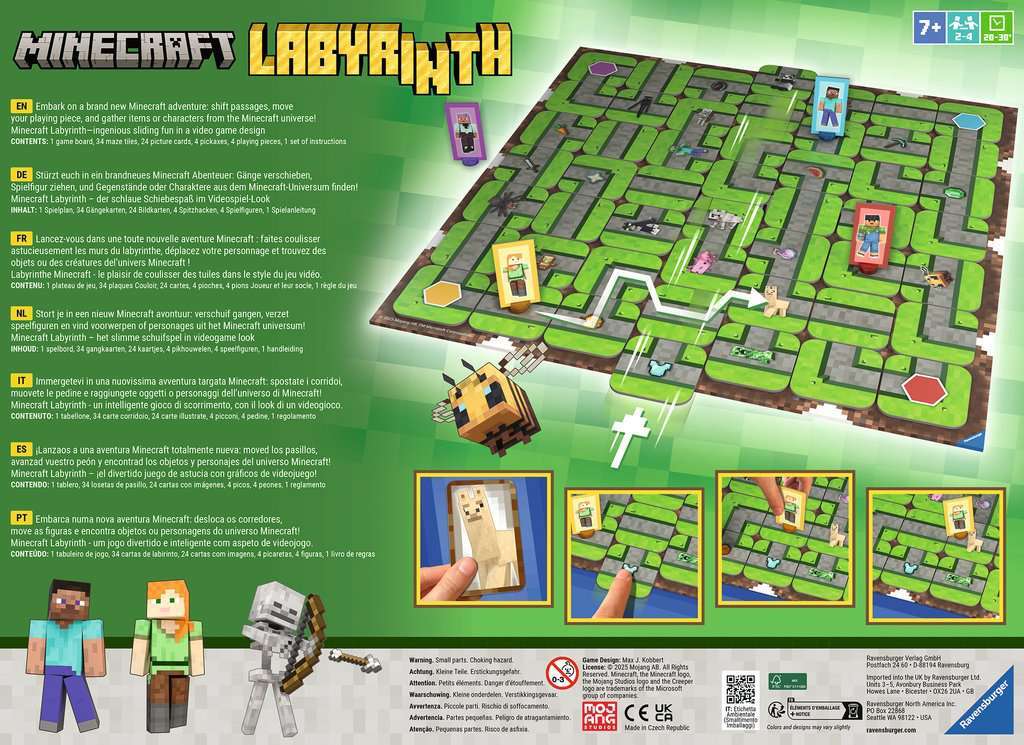 Minecraft Labyrinth game box with maze layout and character illustrations on a green background