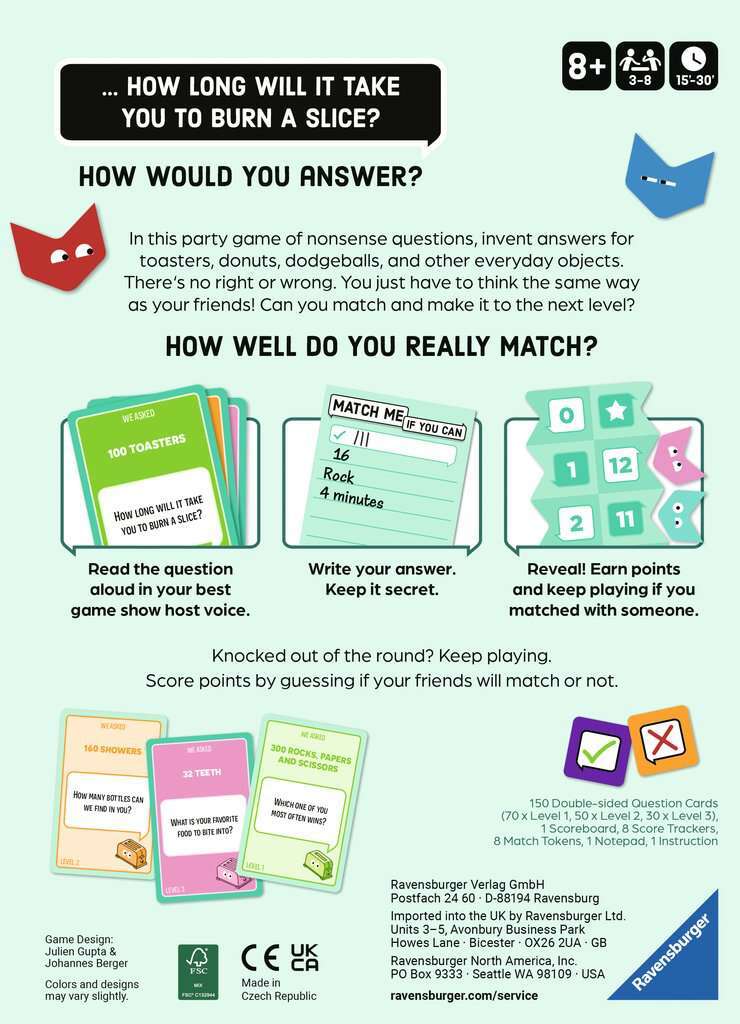 Game box for Match Me If You Can Puzzle (Party game) with colorful cards and text, featuring a blue cat icon and game rules.