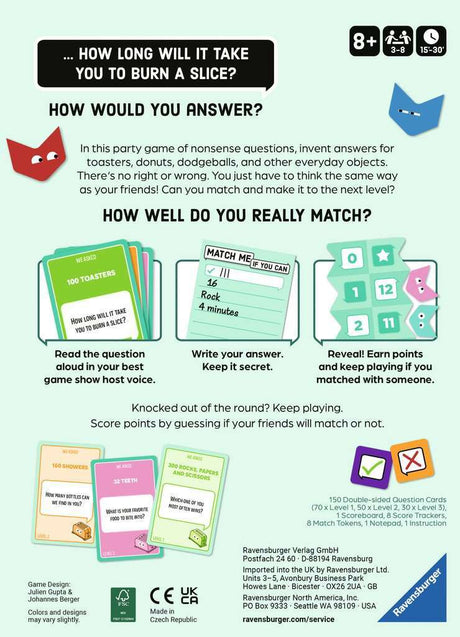 Game box for Match Me If You Can Puzzle (Party game) with colorful cards and text, featuring a blue cat icon and game rules.