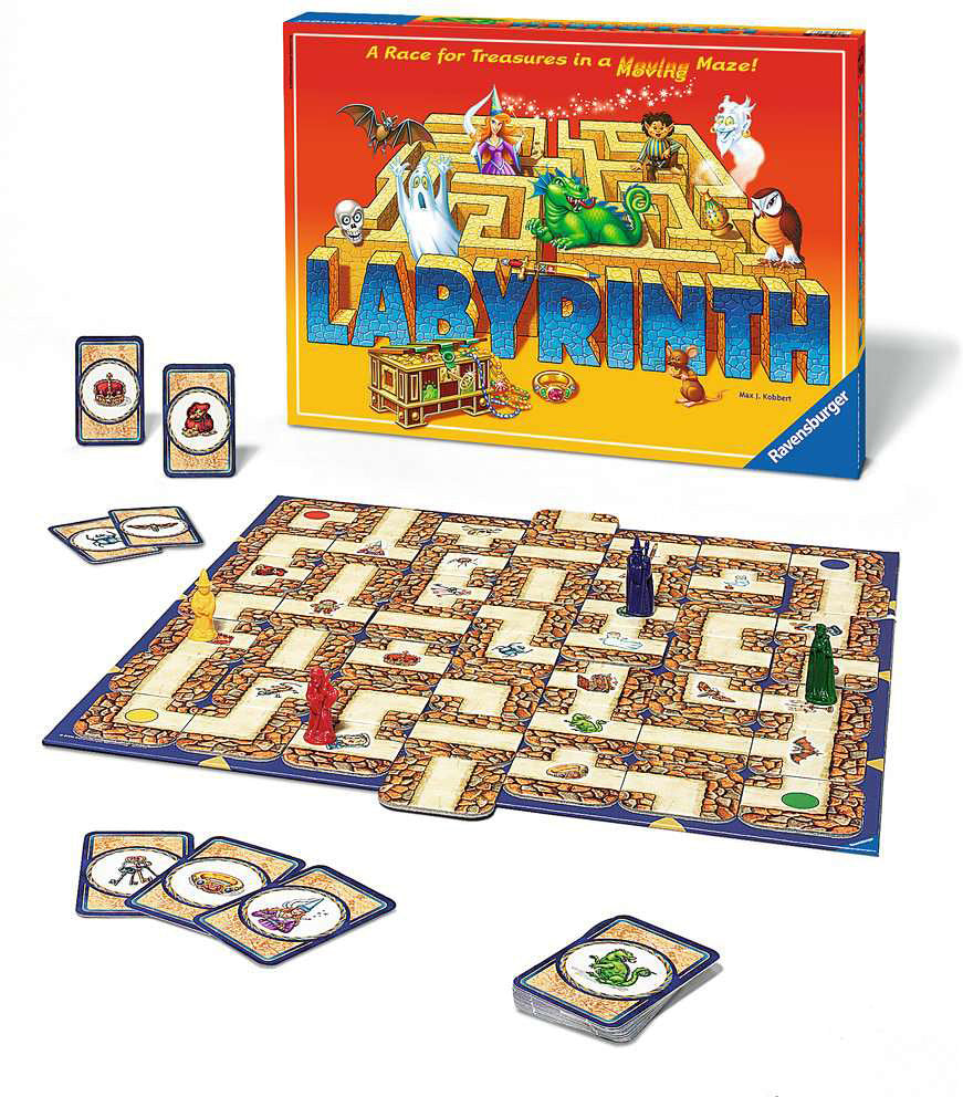 Labyrinth board game with components on a white background