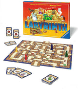 Labyrinth board game with components on a white background