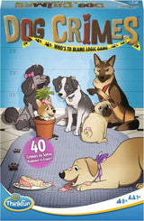Board game box for 'Dog Crimes' with cartoon dogs and game details.